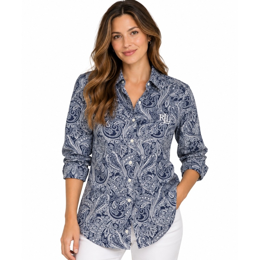Lauren Ralph Lauren Navy White Paisley Button Down Shirt XL Scroll Logo 815197